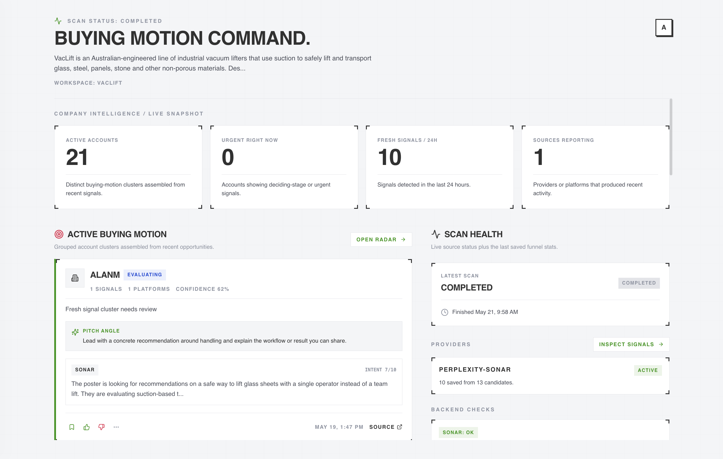 distroed buying motion command dashboard with active accounts, fresh signals, and scan health